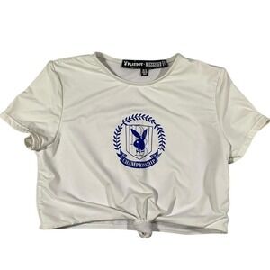 PLAYBOY Navy White Crop Swim Top Tie Front Graphic Logo Short Sleeve Women's‎